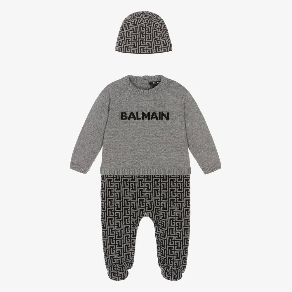 Balmain - أفرول مع قبعة مزيج حرير وصوف لون رمادي للأطفال | Childrensalon