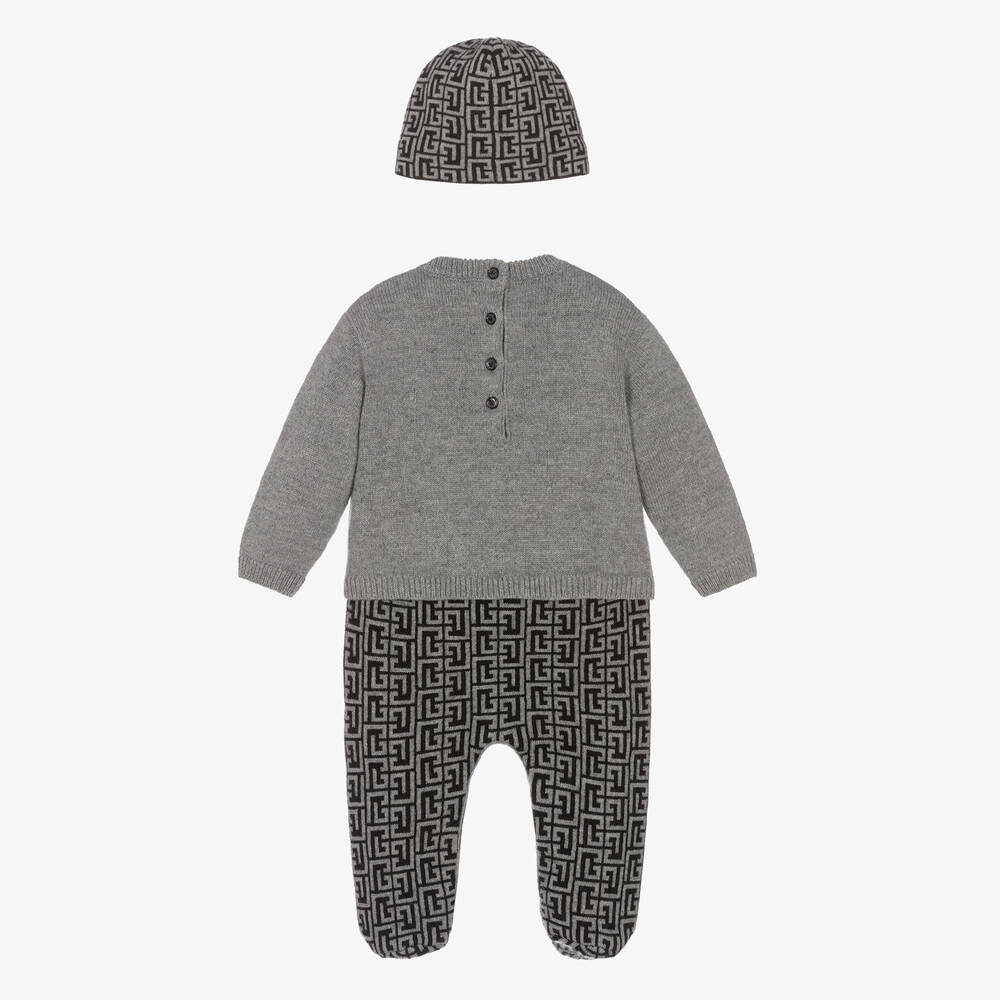Balmain-Grey Wool & Silk Monogram Babysuit Set | Childrensalon Outlet
