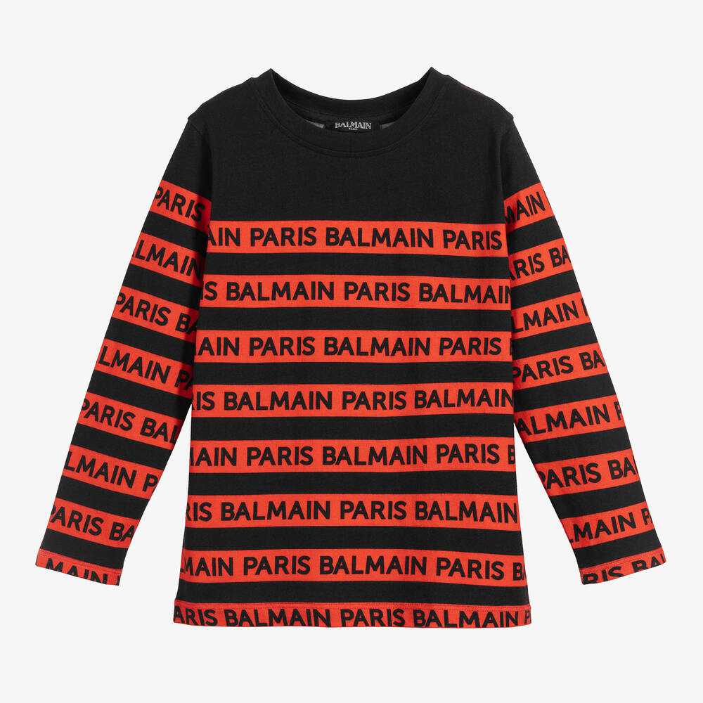 Balmain-Red & Black Cotton Logo Top | Childrensalon Outlet