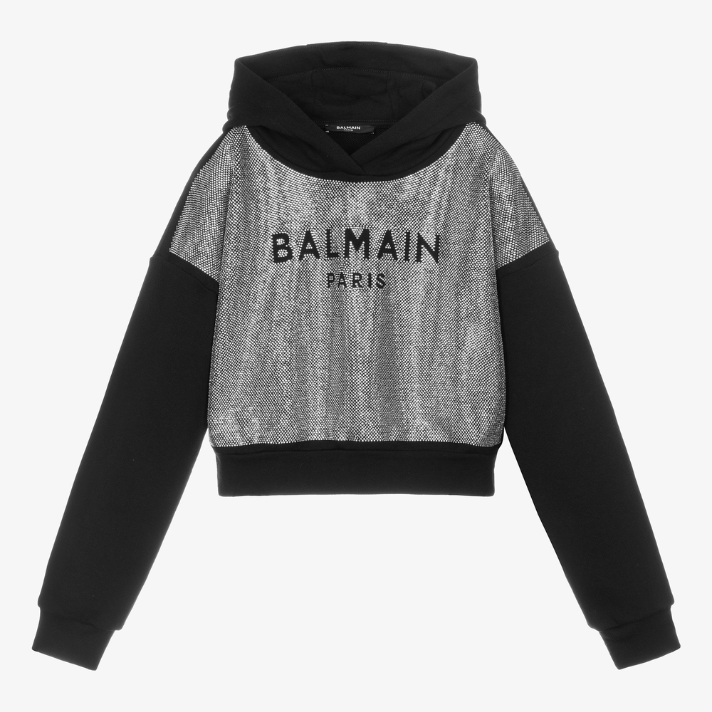 Balmain - توب هودي قصير تينز بناتي قطن لون أسود | Childrensalon