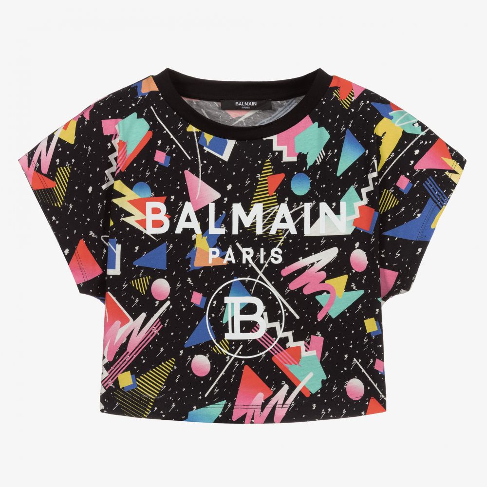 Balmain - تيشيرت قصير تينز بناتي قطن لون أسود | Childrensalon