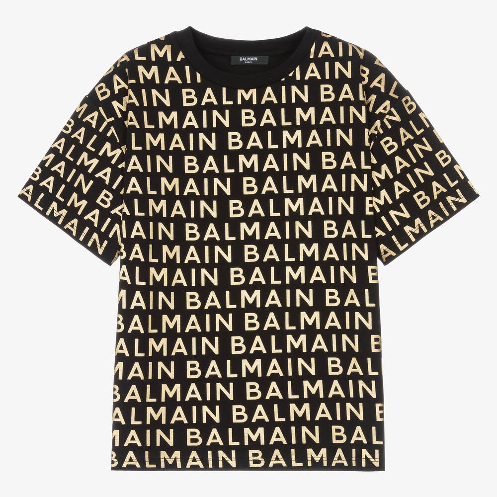 Balmain - T-shirt noir et doré en coton ado | Childrensalon