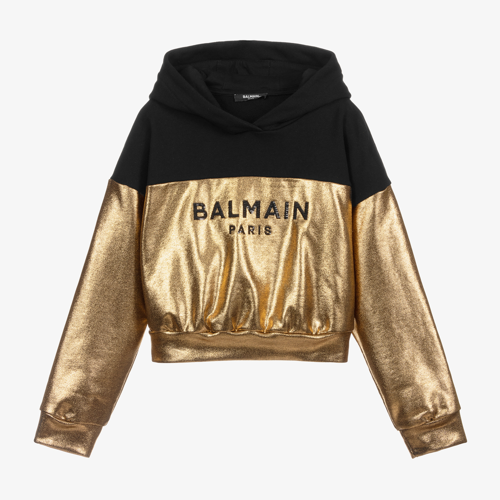 Balmain - Sweat à capuche noir et doré Ado  | Childrensalon