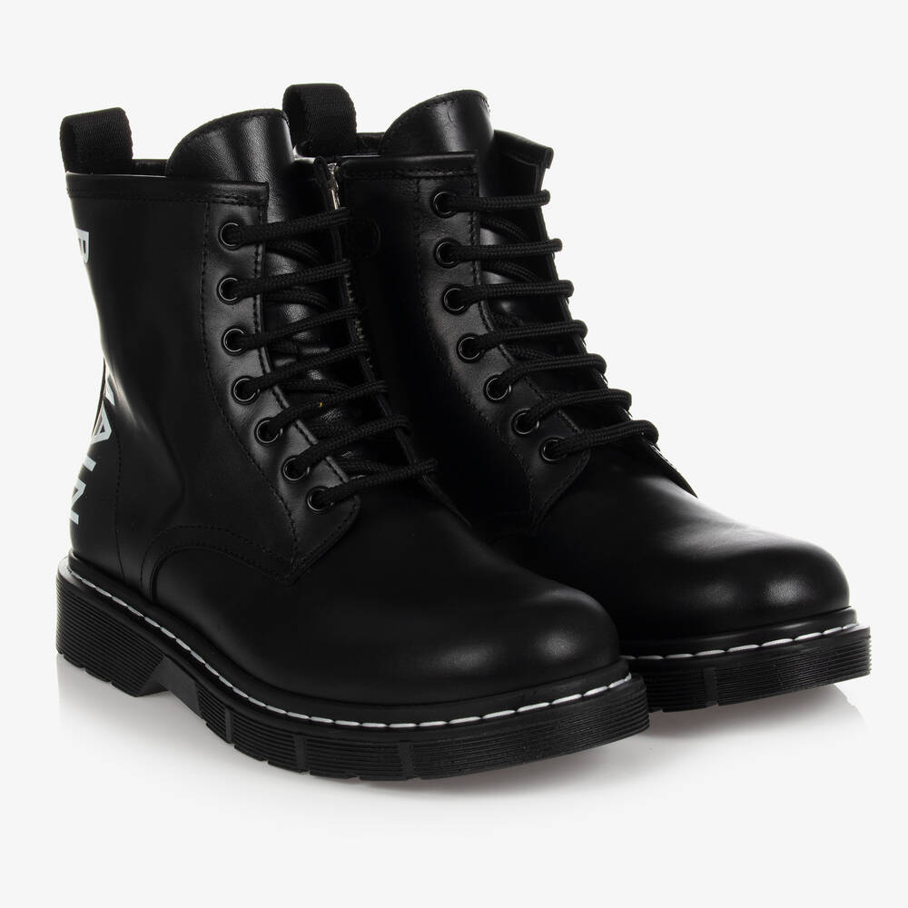 Balmain - Teen Black Leather Logo Boots | Childrensalon