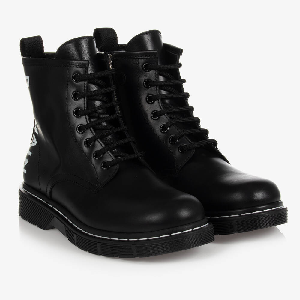 Teen Black Leather Logo Boots