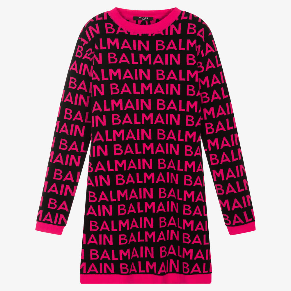 Balmain - فستان تينز قطن لون أسود وزهري فيوشيا | Childrensalon