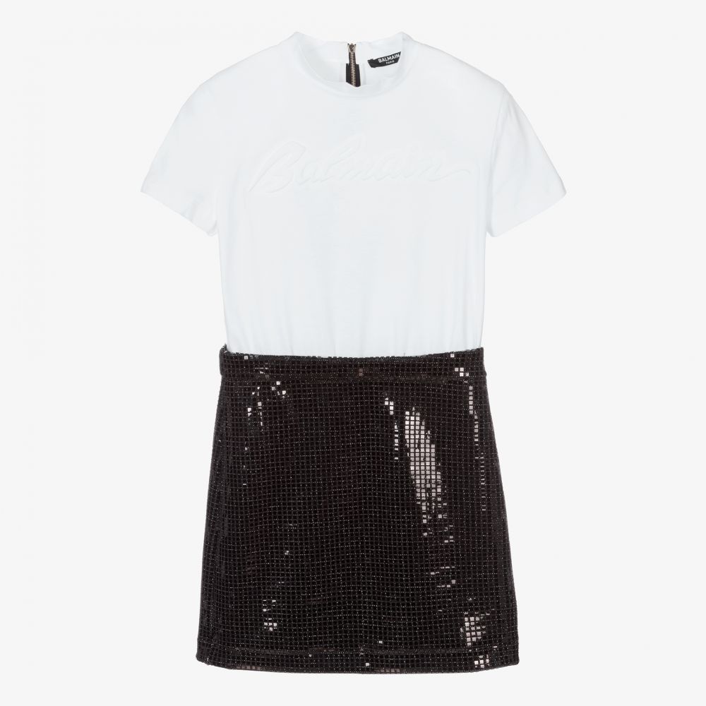 Balmain-Teen Black & White Logo Dress | Childrensalon Outlet