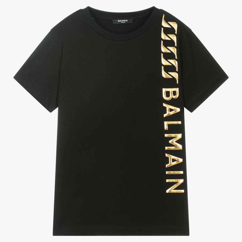 Balmain - تيشيرت تينز ولادي قطن لون أسود وذهبي | Childrensalon