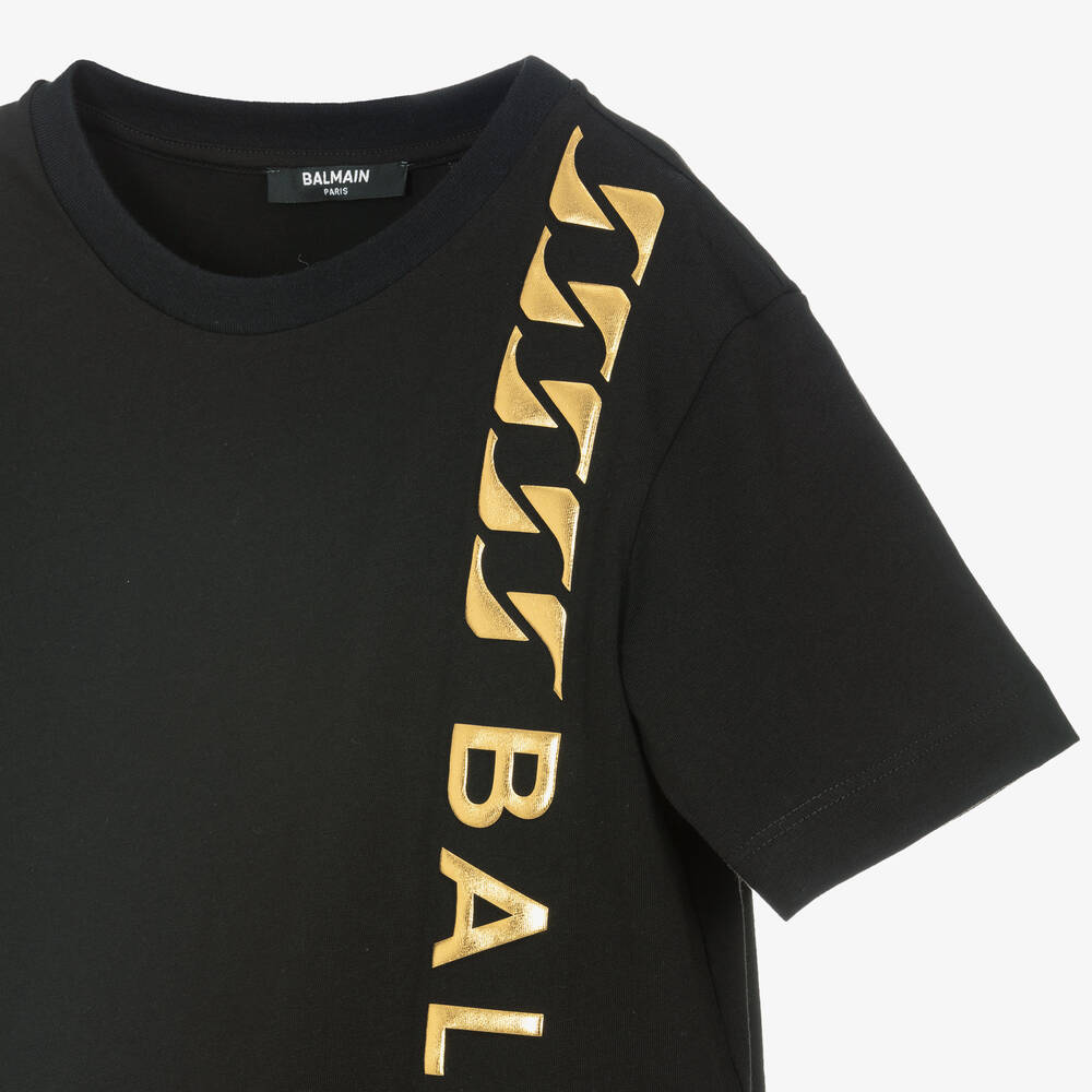 キッズ用トップス Balmain Gold Mc Logo T-Shirt Balmain - White Cotton T-Shirt With Gold Logo | Childrensalon