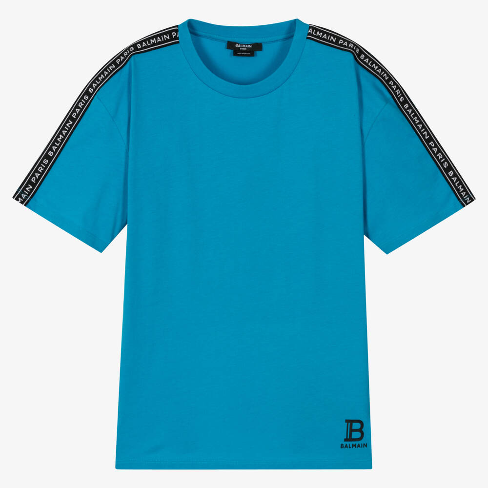 Balmain - Teen Boys Blue Logo Tape T-Shirt | Childrensalon