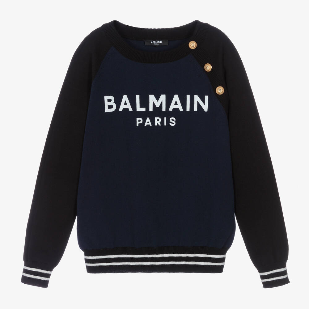 Balmain - كنزة تينز ولادي قطن محبوك لون أسود وكحلي | Childrensalon