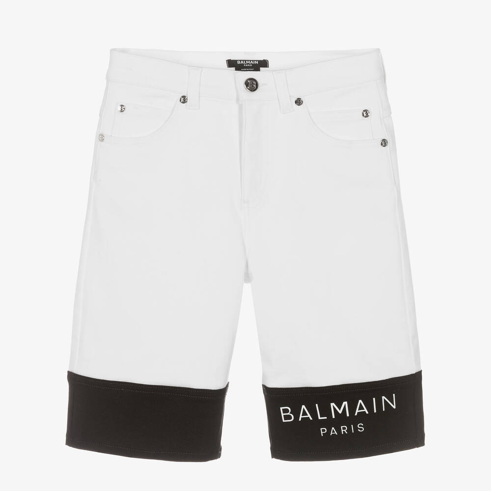 Balmain - شورت تينز ولادي قطن دنيم ستريتش لون أبيض | Childrensalon