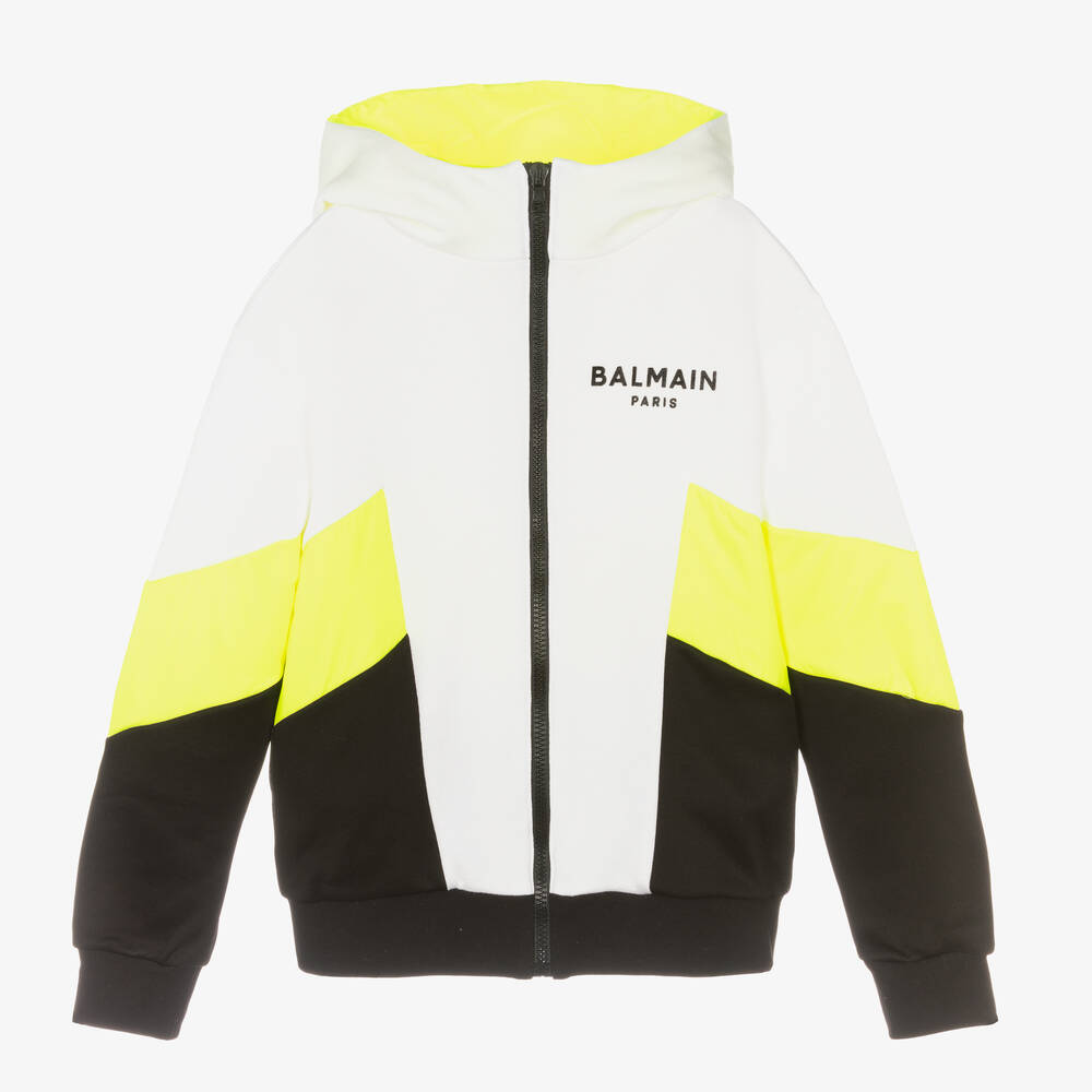 Balmain - توب هودي بسحّاب تينز ولادي قطن جيرسي لون أبيض | Childrensalon