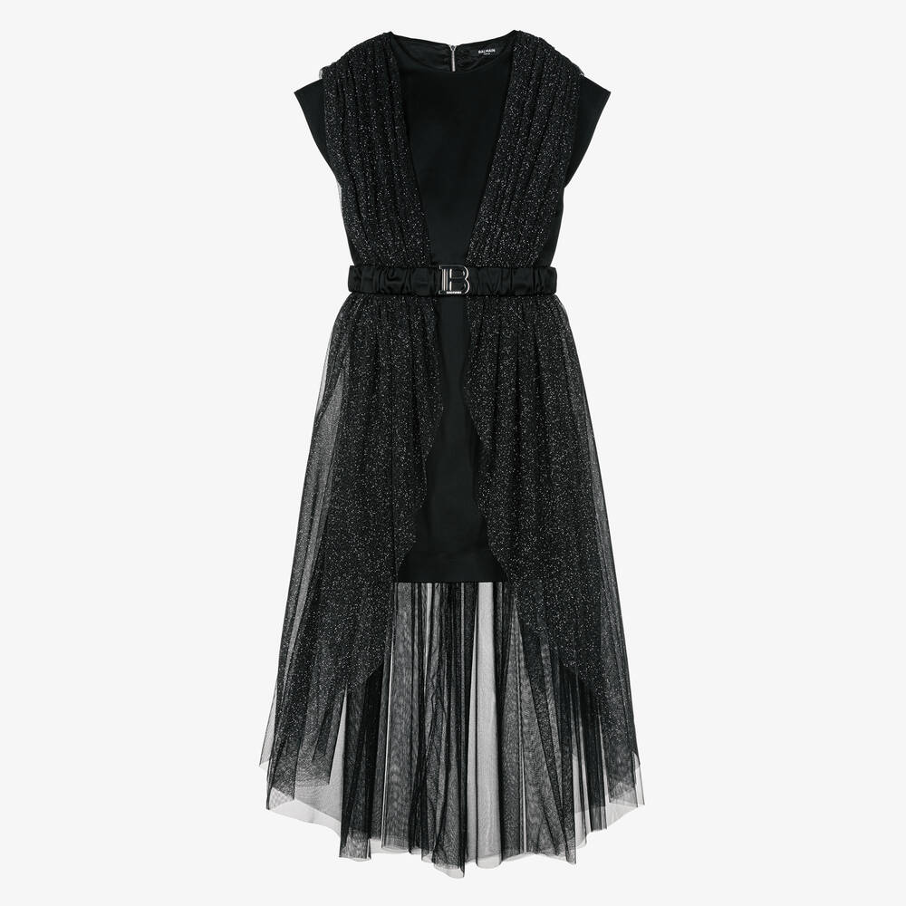 Balmain - Teen Girls Black Glitter Tulle Dress | Childrensalon