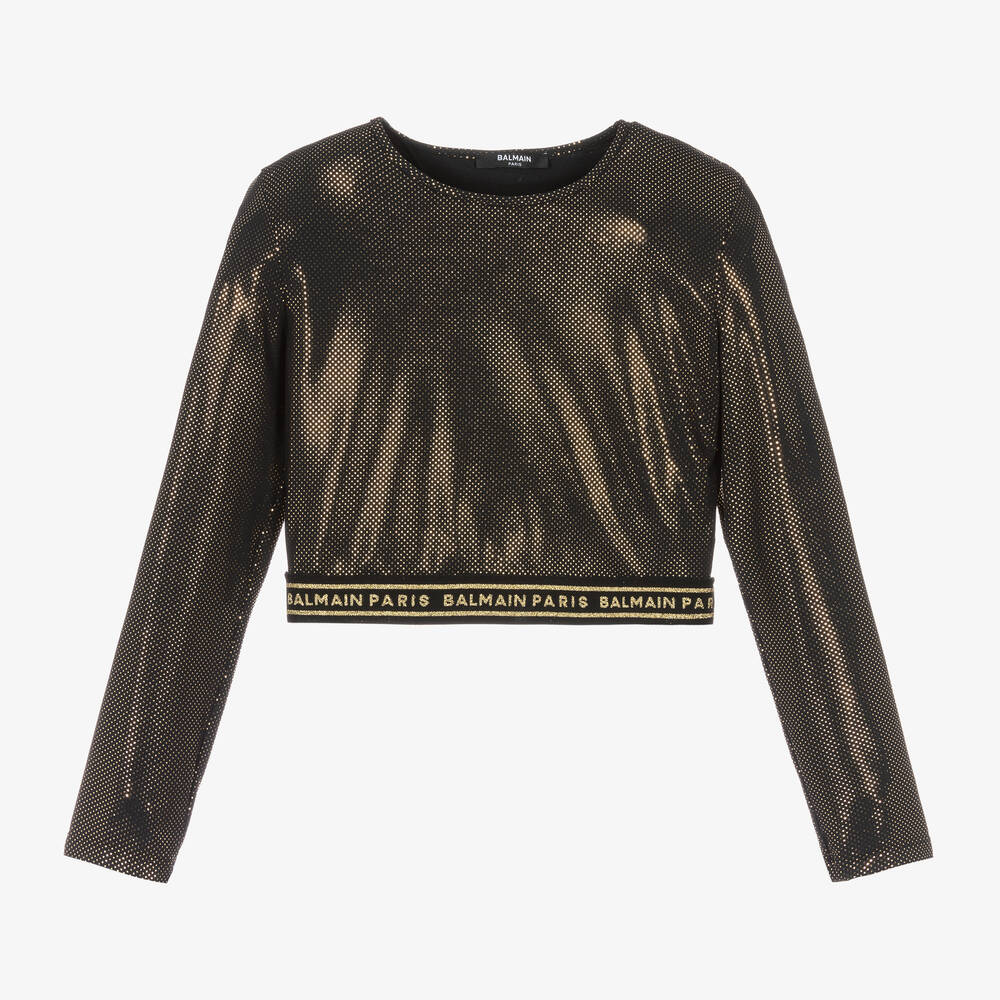 Balmain-توب كروب تينز بناتي جيرسي لون أسود وذهبي غليتر | Childrensalon Outlet