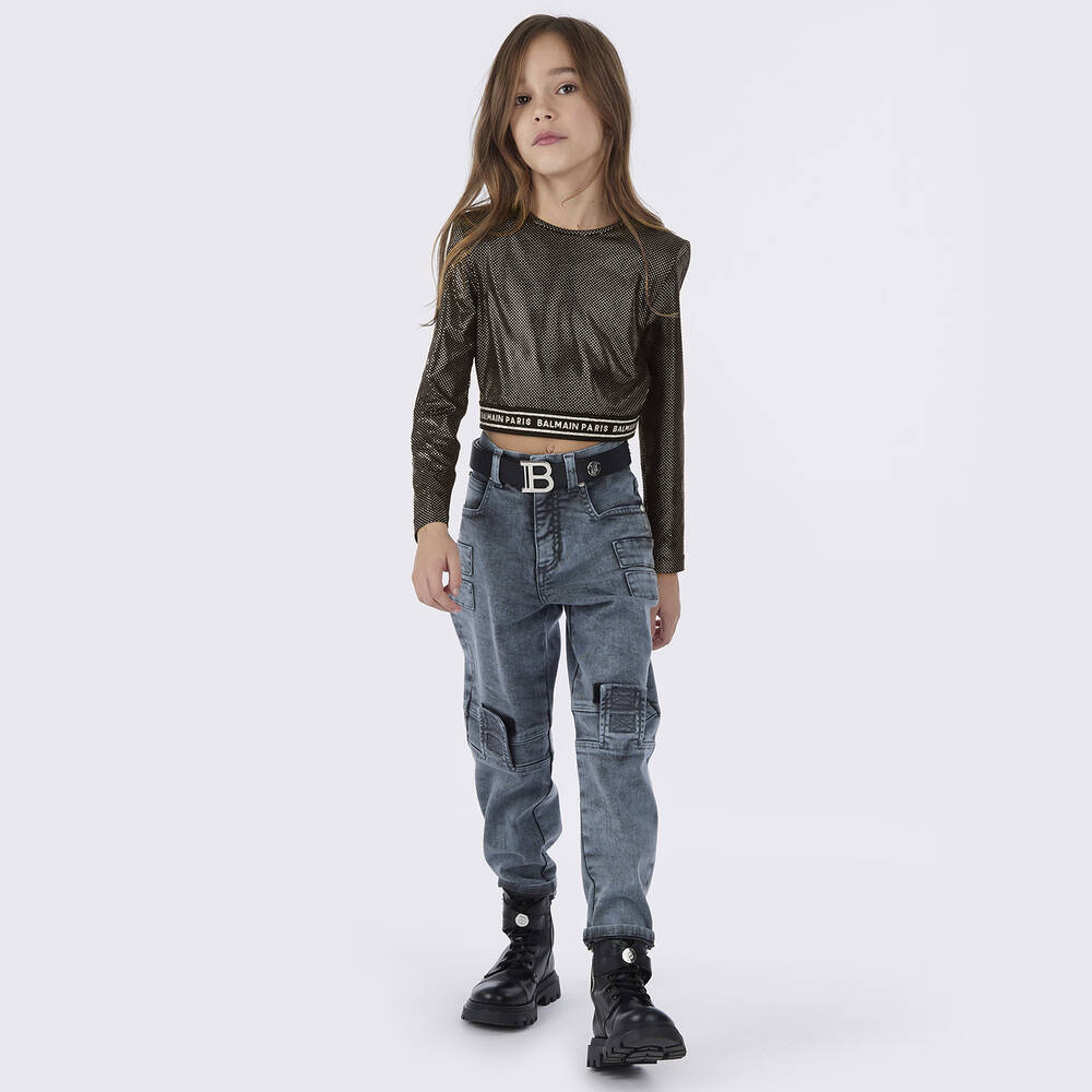 Balmain-Черно-золотистый кроп-топ с блестками | Childrensalon Outlet