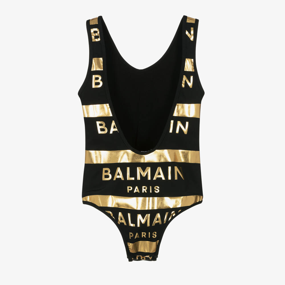 Balmain-Teen Girls Black & Gold Logo Print Swimsuit | Childrensalon Outlet