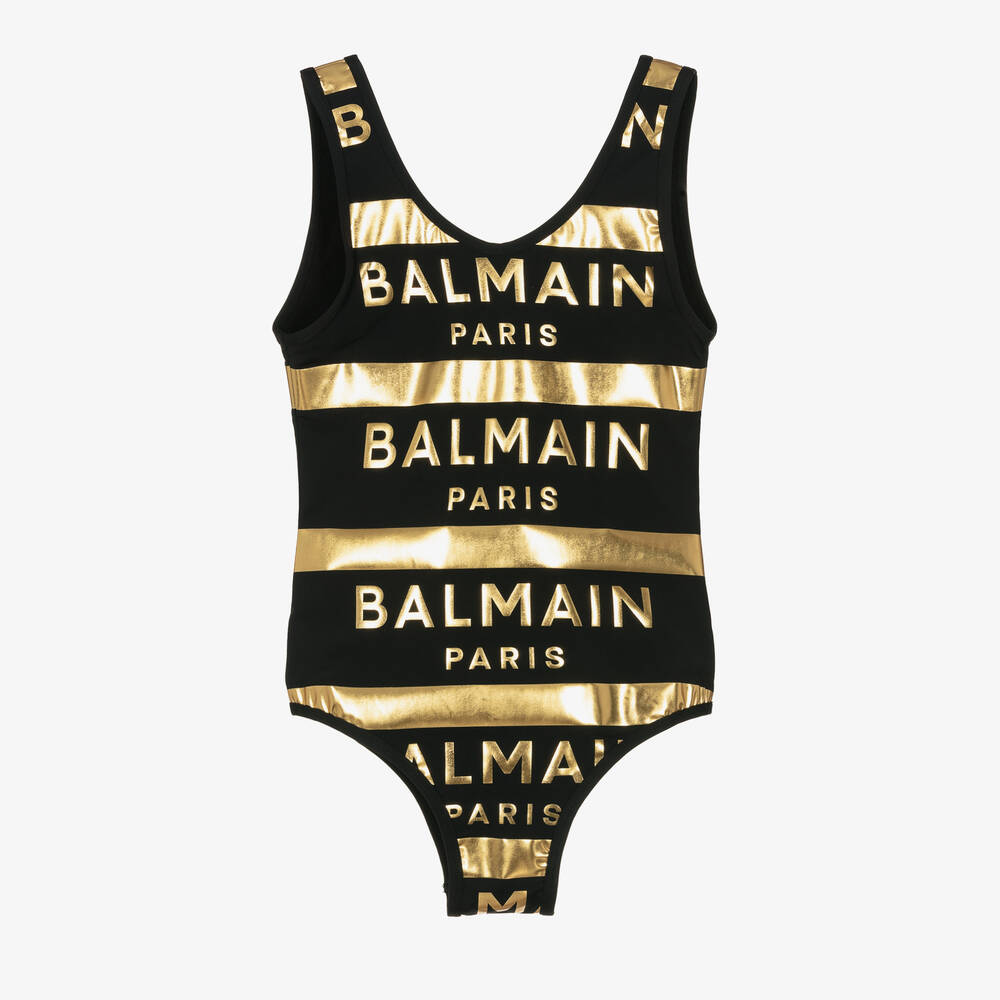Balmain - Teen Girls Black & Gold Logo Print Swimsuit | Childrensalon