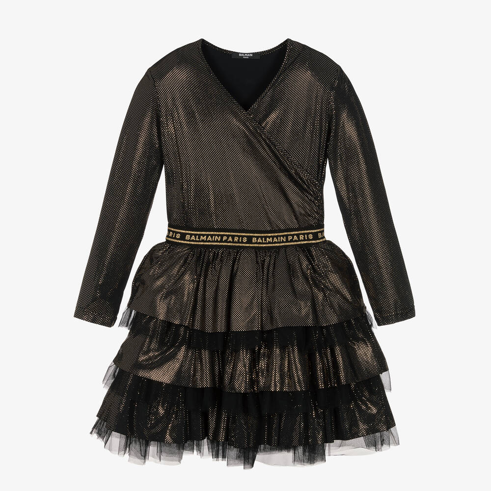 Balmain - Черное платье из тюля с золотистым декором | Childrensalon