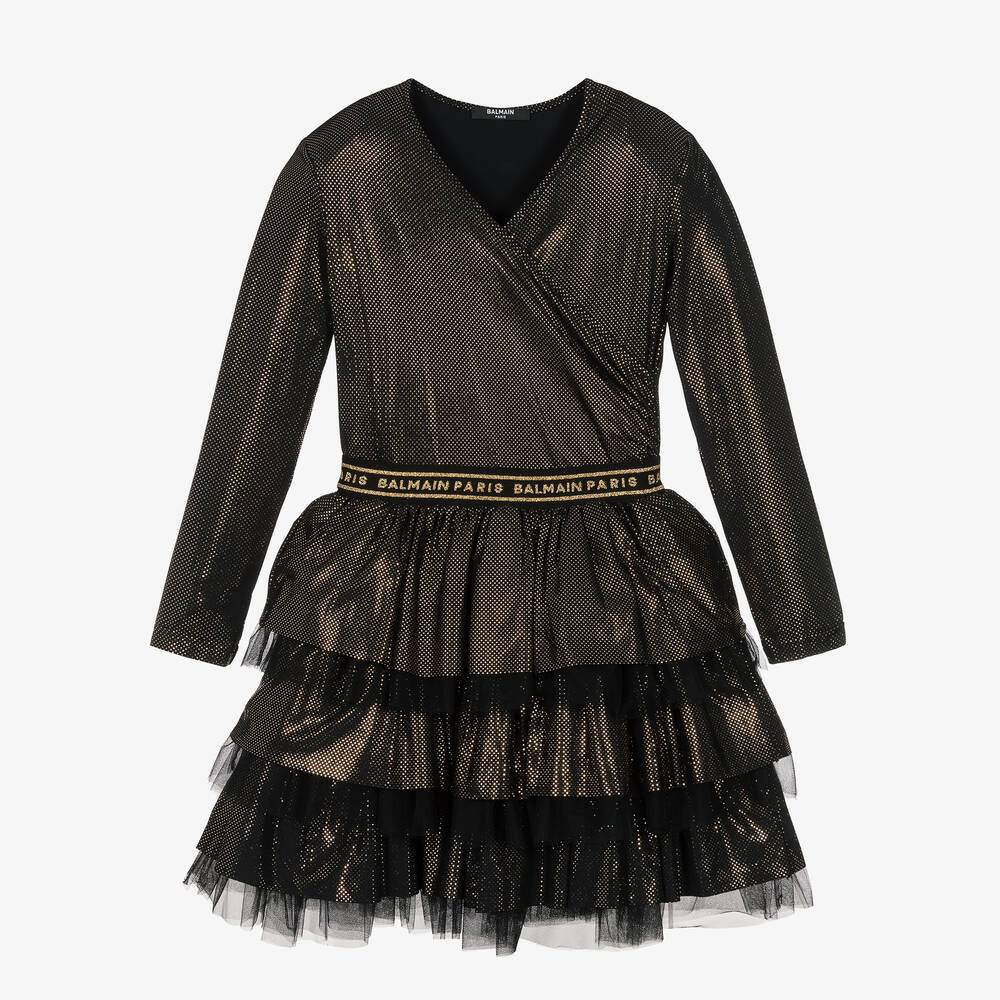 Balmain - Robe noire et dorée en tulle ado | Childrensalon