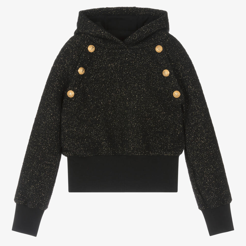 Balmain - Sweat à capuche noir doré en laine | Childrensalon