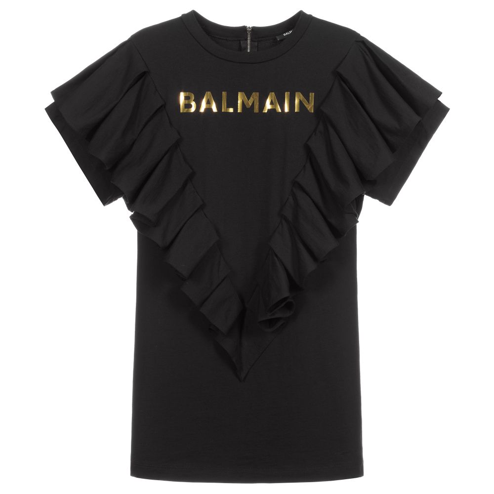 Balmain - فستان كشكش قطن بيئي لون أسود و ذهبي | Childrensalon