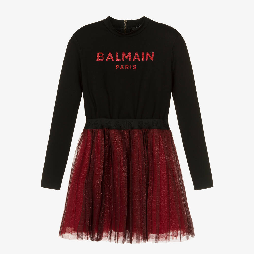 Balmain - فستان تينز بناتي جيرسي وتول لون أسود وأحمر | Childrensalon
