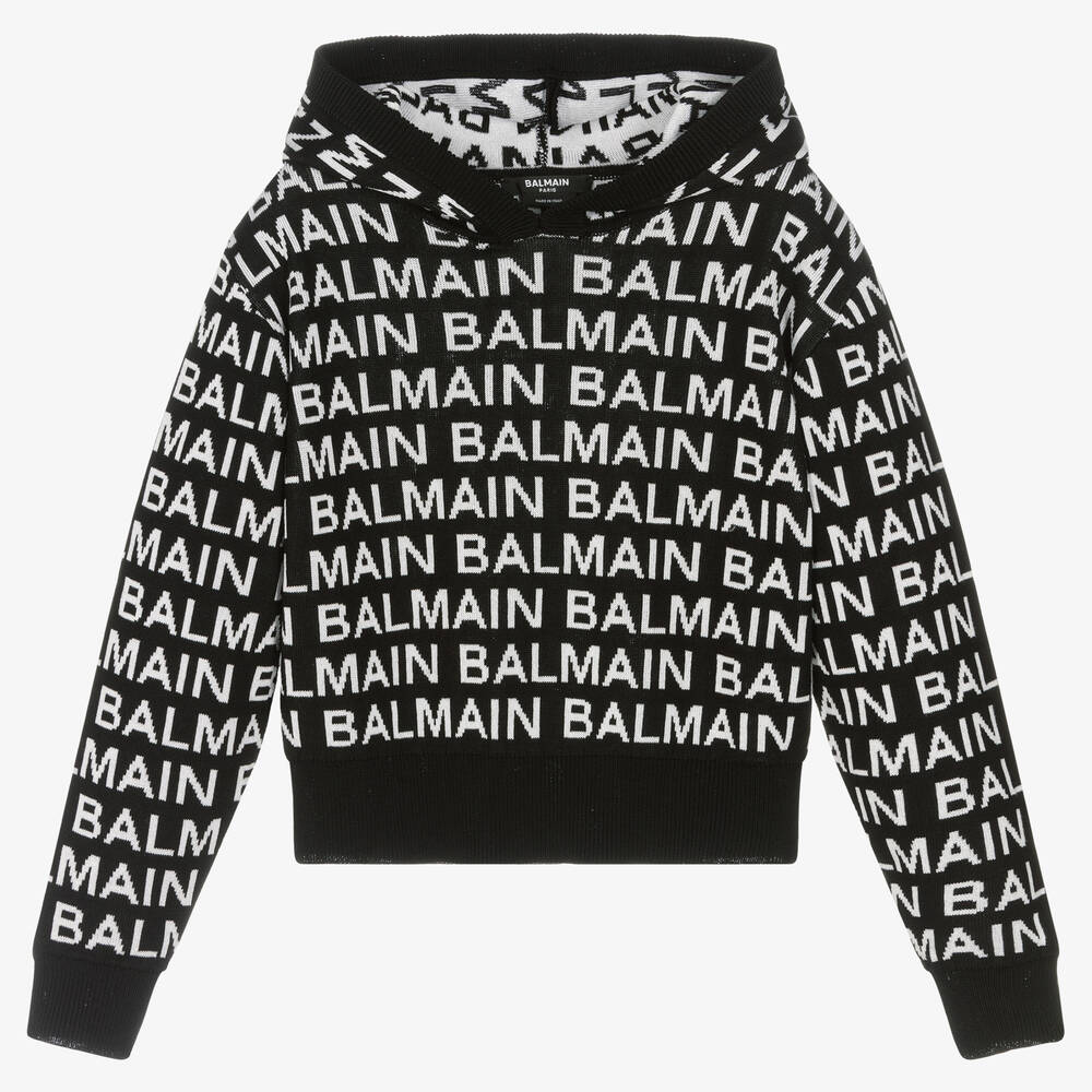 Balmain - Teen Girls Black & White Monogram Knit Hoodie | Childrensalon