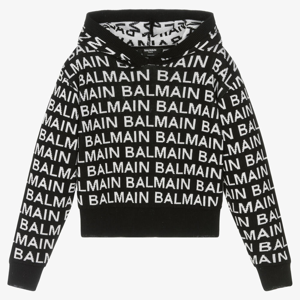 Balmain - Monogramm-Strickhoodie schwarz/weiß | Childrensalon