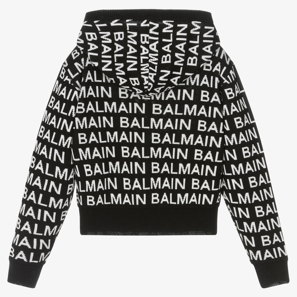 Balmain-Черно-белая вязаная худи с принтом-монограммой | Childrensalon Outlet