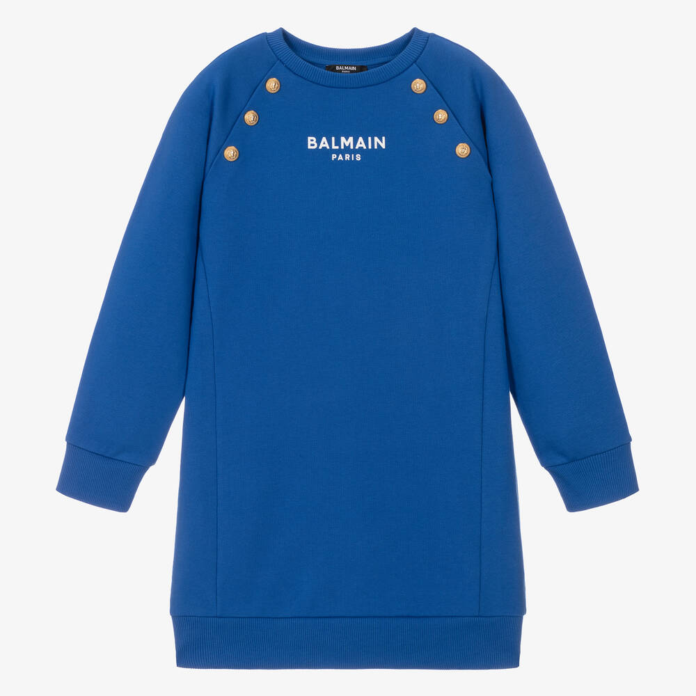 Balmain - فستان سويتشيرت تينز بناتي قطن لون أزرق | Childrensalon