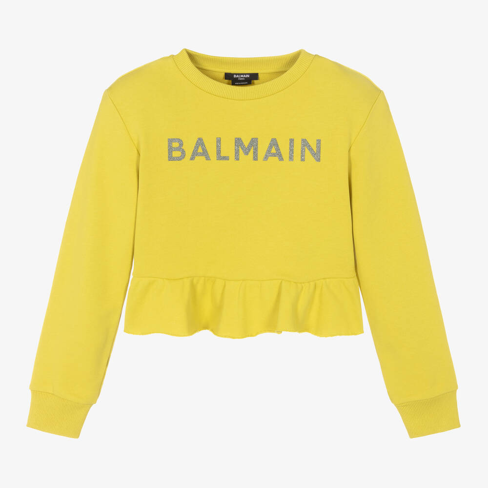 Balmain - سويتشيرت تينز بناتي قطن لون أخضر ليموني | Childrensalon