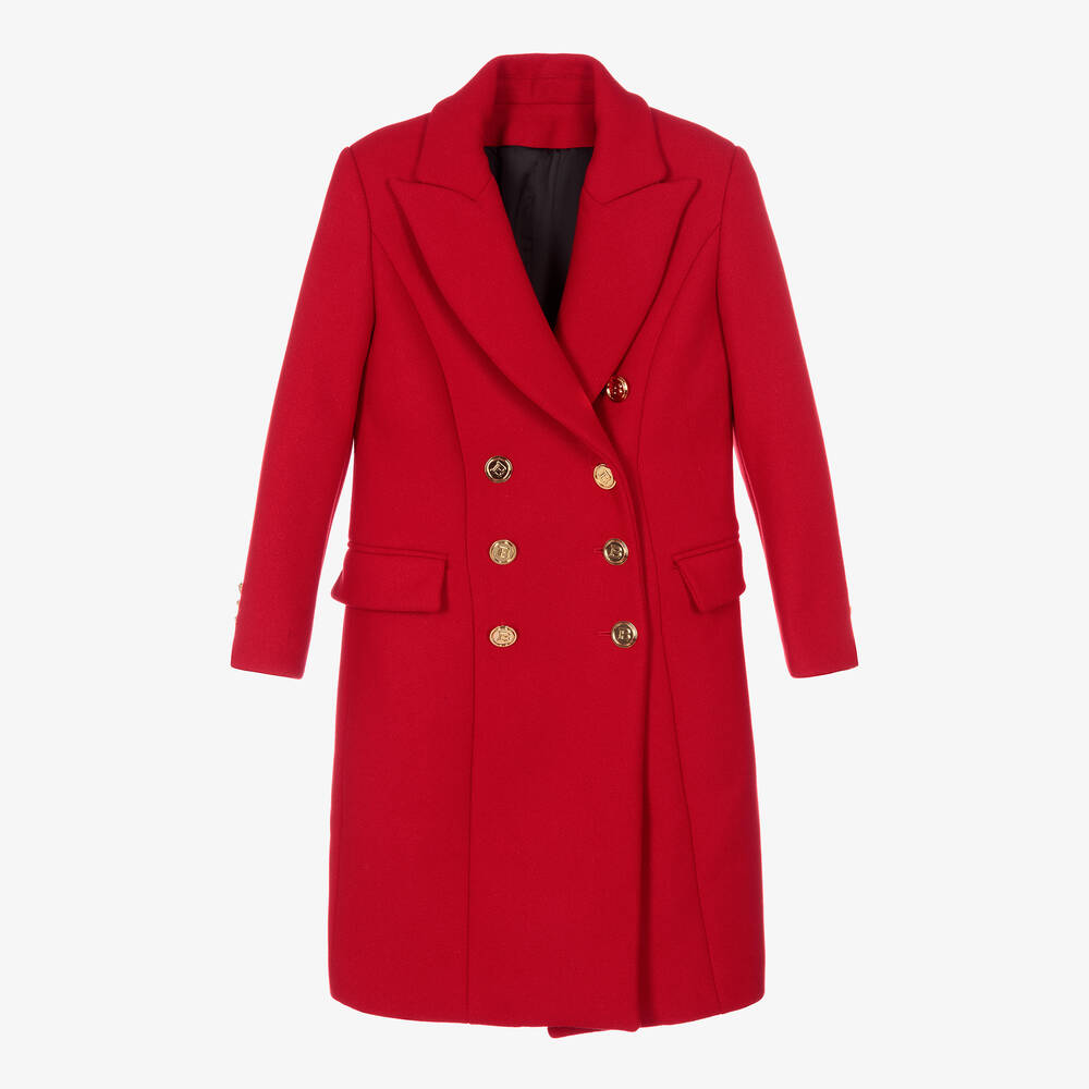 Balmain - Teen Girls Red Wool Coat | Childrensalon