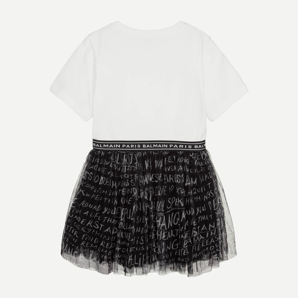 Balmain-Teen Girls White & Black Logo Dress | Childrensalon Outlet