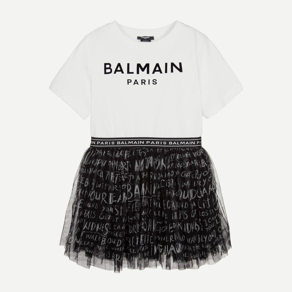 Balmain - فستان تينز بناتي قطن وتول لون أبيض وأسود | Childrensalon