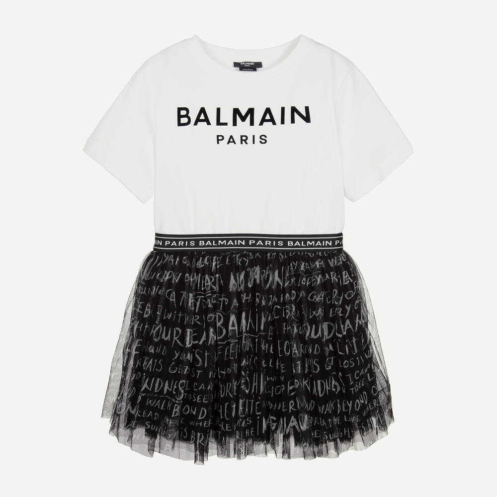 Balmain-Teen Girls White & Black Logo Dress | Childrensalon Outlet