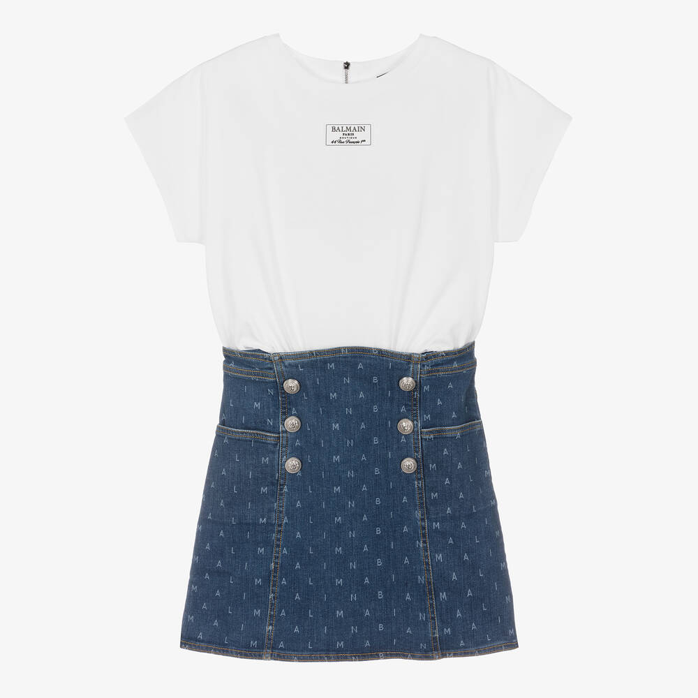 Balmain-Teen Girls White Cotton & Blue Denim Dress | Childrensalon Outlet