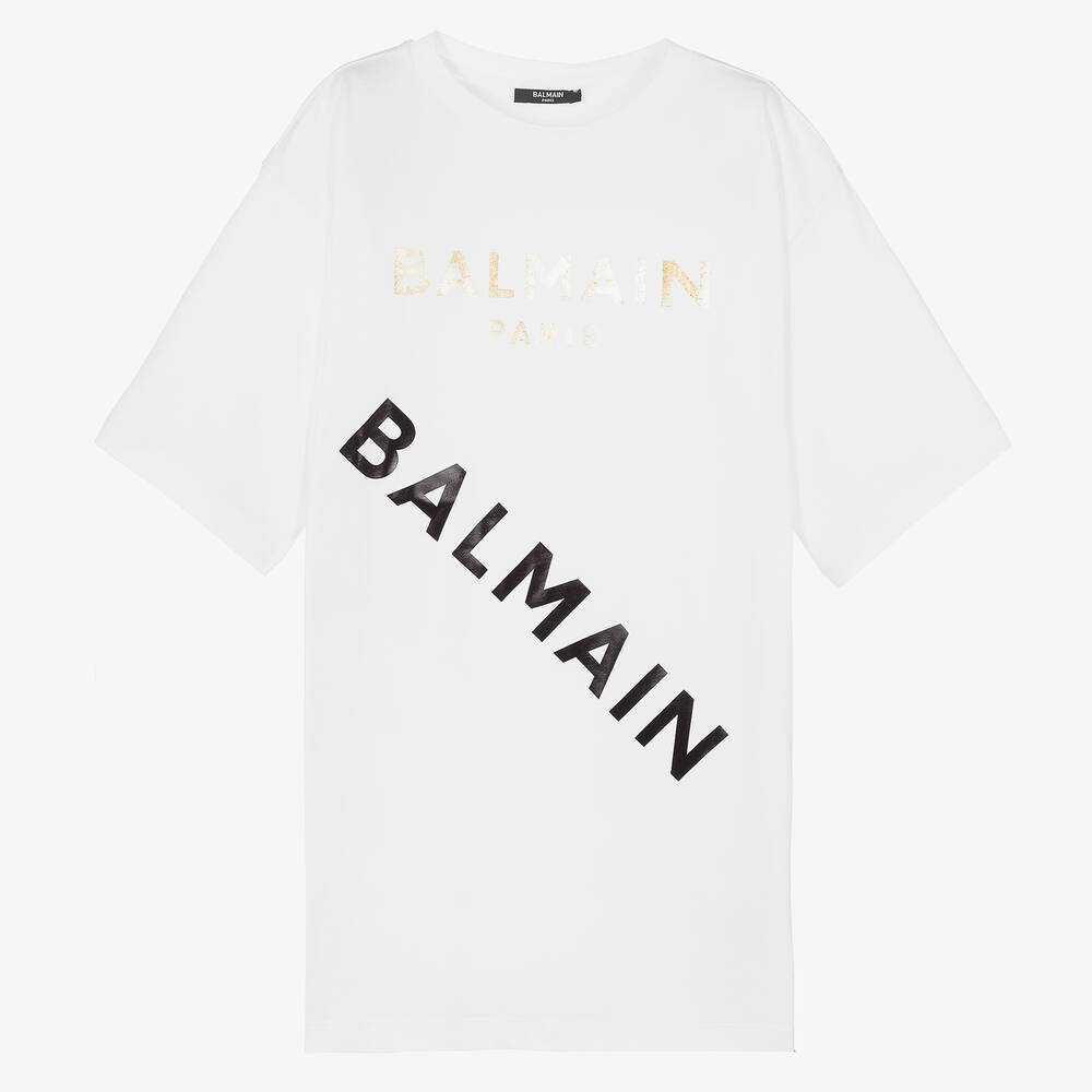 Balmain - فستان تينز بناتي قطن لون أبيض | Childrensalon
