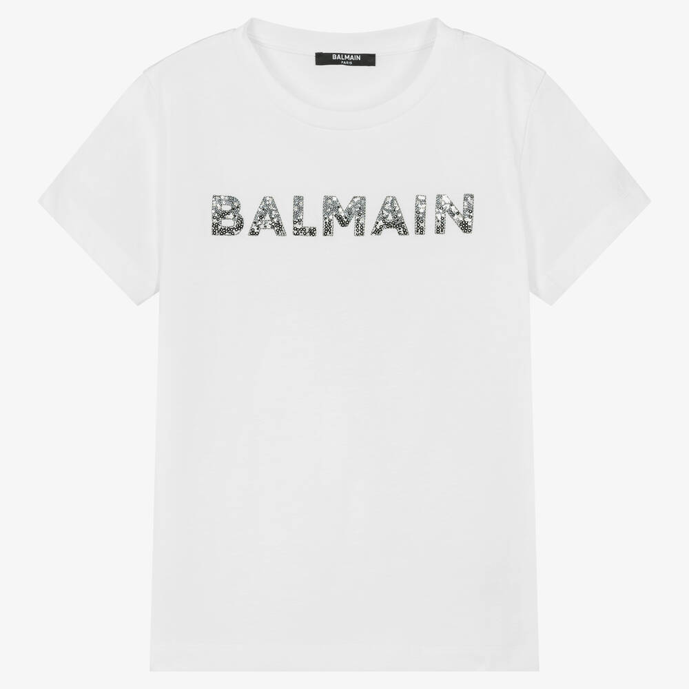Balmain - Weißes Pailletten-Baumwoll-T-Shirt | Childrensalon