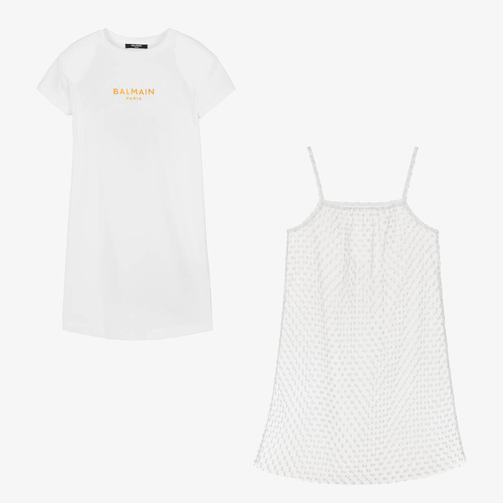 Balmain-Teen Girls White Cotton & Tulle Dress  | Childrensalon Outlet