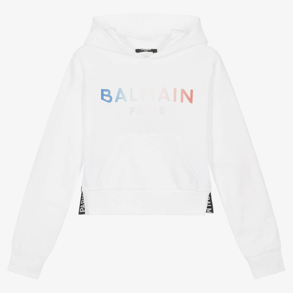 Balmain Teen Girls White Cropped Hoodie Childrensalon Outlet
