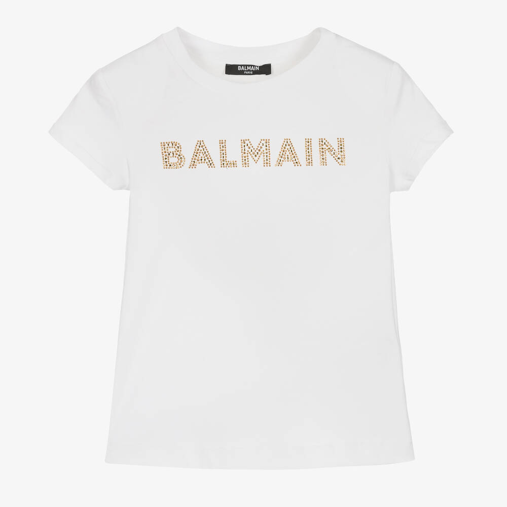 Balmain - تيشيرت تينز بناتي قطن لون أبيض مزين بديامنتي | Childrensalon