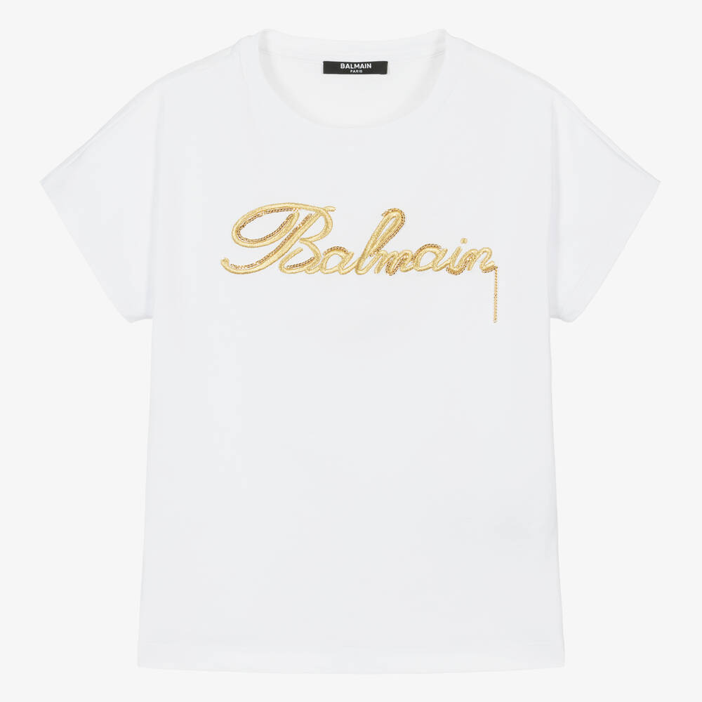 Balmain-Teen Girls White Embroidered Cotton T-Shirt | Childrensalon Outlet