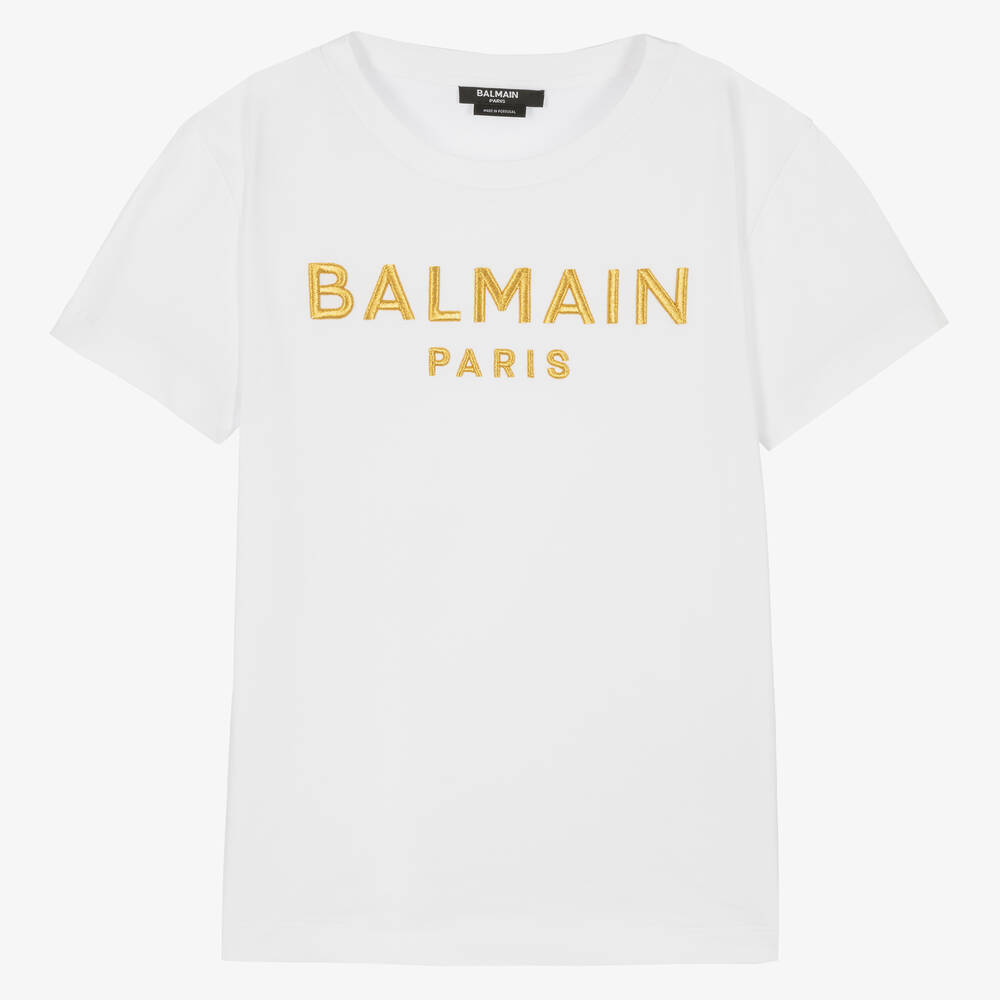 Balmain - Teen Girls White & Gold Logo T-Shirt | Childrensalon