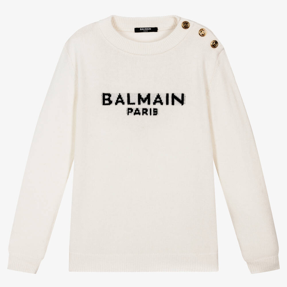 Balmain - Teen Ivory Wool Logo Jumper | Childrensalon