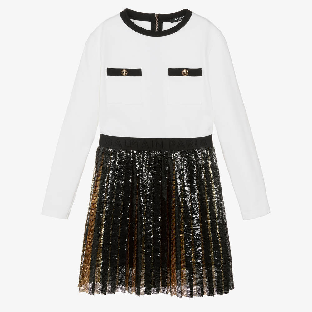 Balmain - Robe blanche et noire à sequins ado | Childrensalon