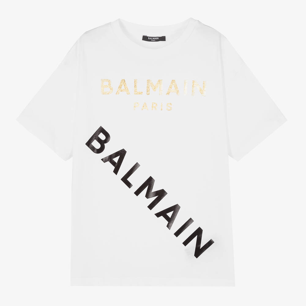 Balmain - Teen White Cotton Logo T-Shirt | Childrensalon