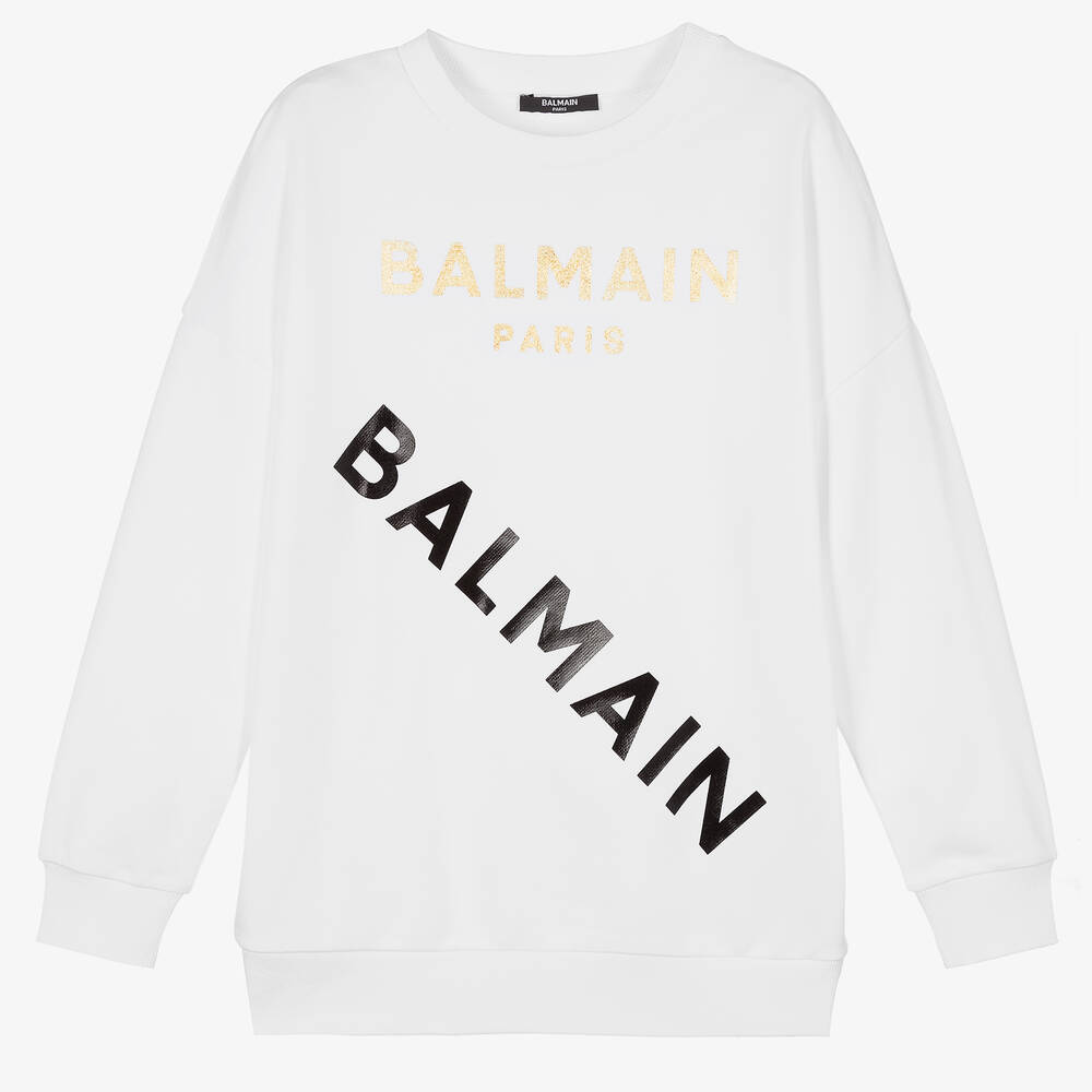 Balmain - سويتشيرت تينز قطن لون أبيض | Childrensalon