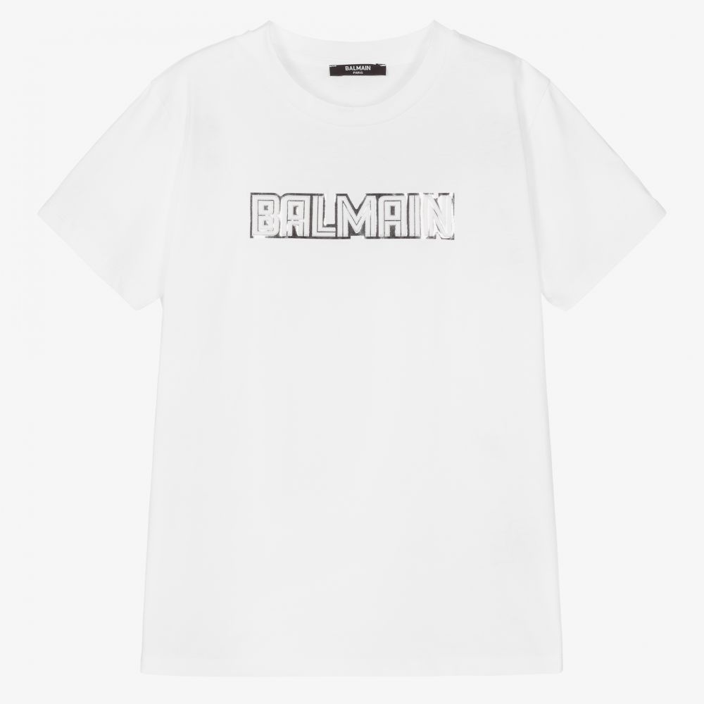 Balmain-Teen White Logo T-Shirt | Childrensalon Outlet