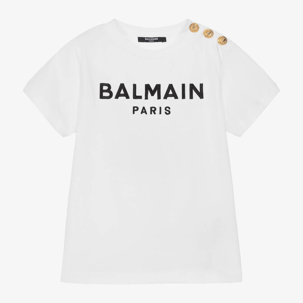 Balmain-White Balmain Paris Cotton T-Shirt | Childrensalon Outlet